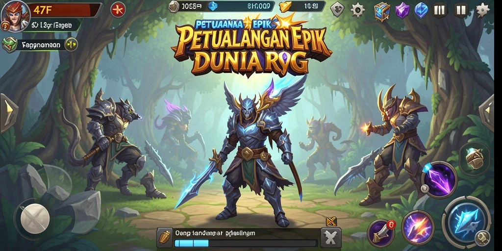 Screenshot gameplay RPG yang menunjukkan pertarungan epik dan petualangan