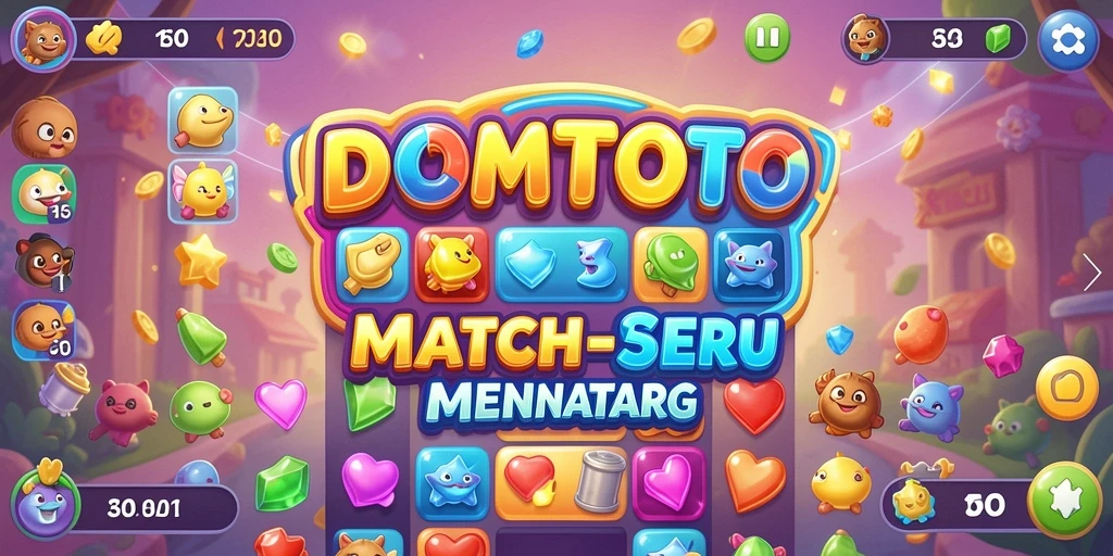 Screenshot menampilkan gameplay seru DOMTOTO dengan elemen Match-3 yang berwarna-warni.