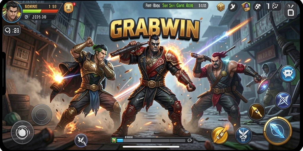 Screenshot gameplay GRABWIN menunjukkan aksi pertarungan yang mendebarkan.