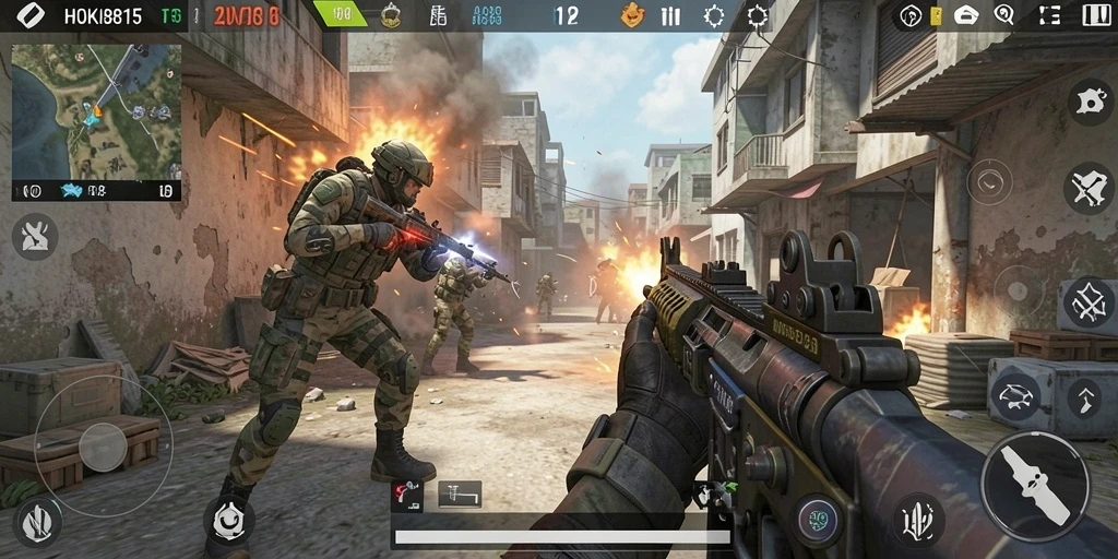 Screenshot HOKI8815 menunjukkan aksi intens pertempuran FPS.