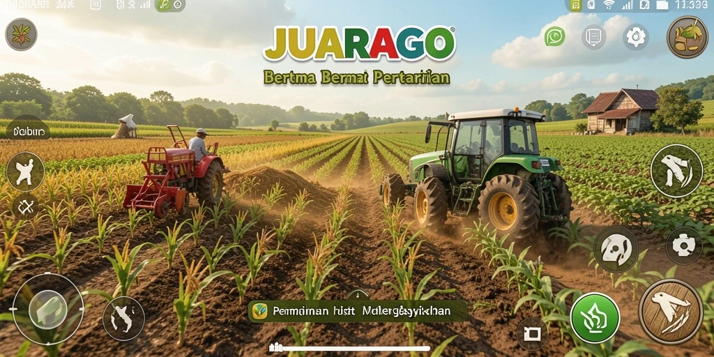 Screenshot JUARAGO menampilkan pemain sedang bertani dan merawat tanaman.