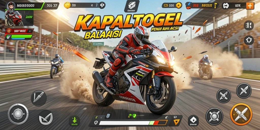 Tampilan gameplay seru dari KAPALTOGEL dengan balapan motor yang cepat.