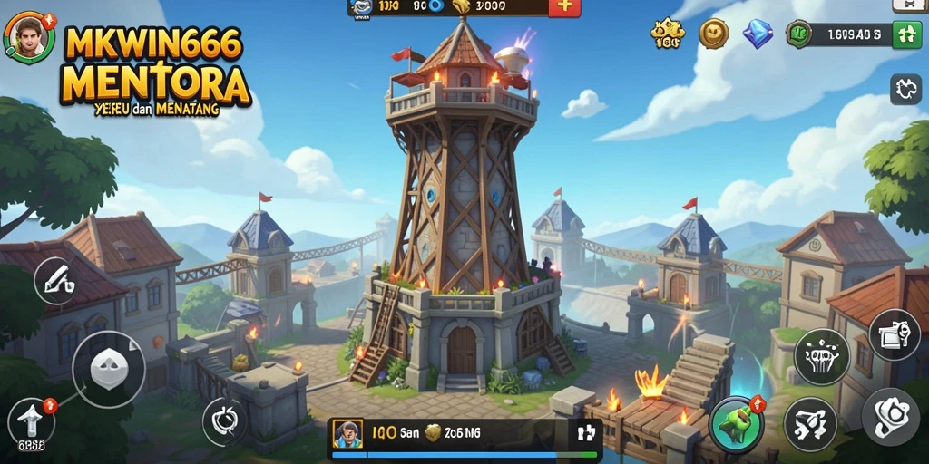 Gameplay MKWIN666 dengan menara dan musuh yang menantang.