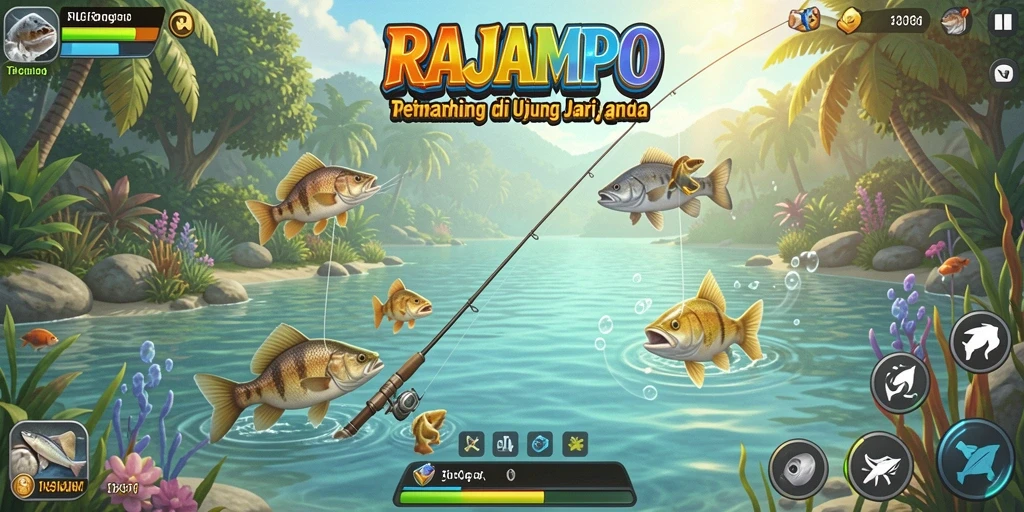 Screenshot RAJAMPO menampilkan gameplay memancing yang seru dan realistis.
