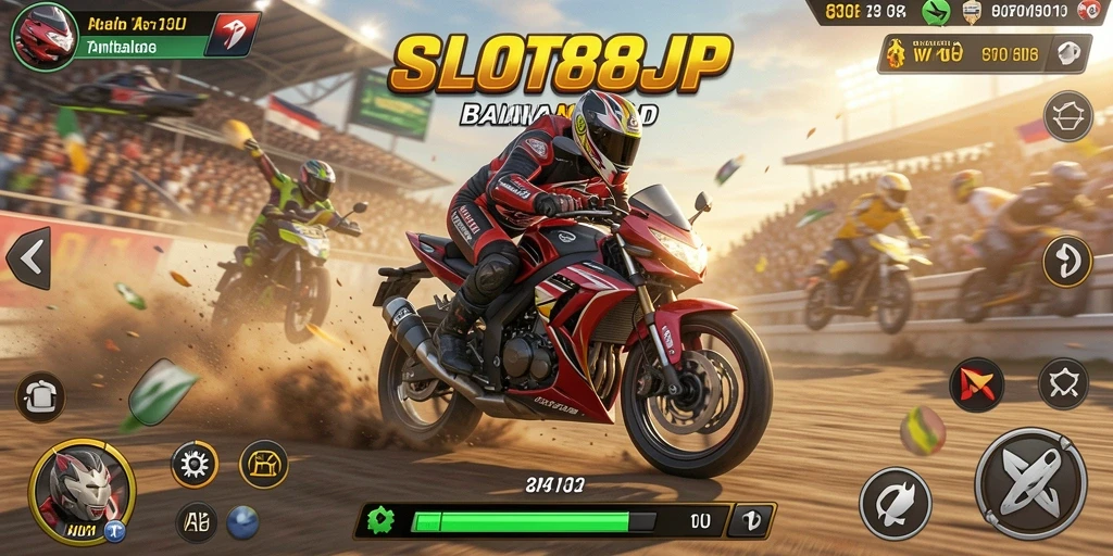 Gambar gameplay <strong>SLOT88JP</strong> dengan balapan motor yang seru.