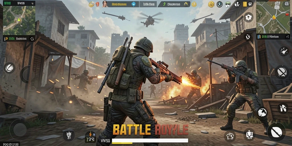Tampilan gameplay seru dan mendebarkan dari VV55 dalam pertempuran Battle Royale.